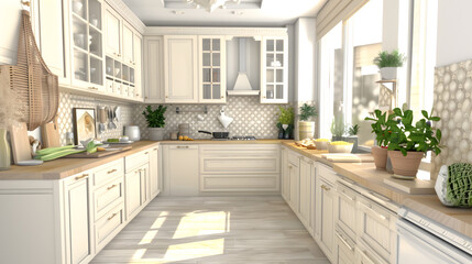 A small kitchen in the middle of an apartment with white cabinets. light wood floors and beige walls 