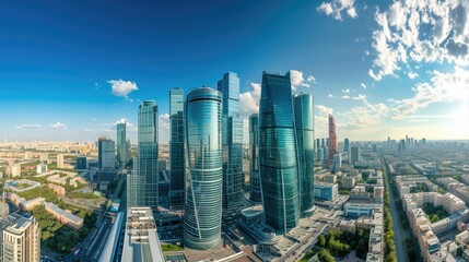 Panoramic View of Urban Architecture with Reflective Glass Skyscrapers