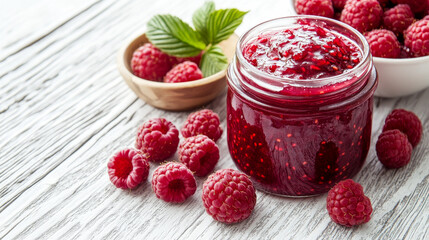 Fresh raspberry jam made at home. It's in a jar on a white wooden table with a bowl of fresh raspberries next to it.