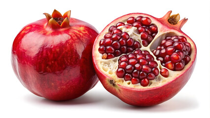 "Fresh Ripe Pomegranate Halves: Vibrant and Juicy on White Background"  generative ai