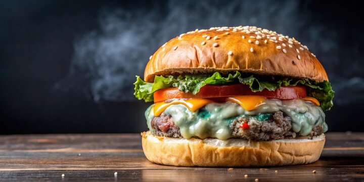 Disgusting rotten burger with mold and spoiled ingredients , fast food, unhealthy, contaminated, spoiled, disgusting