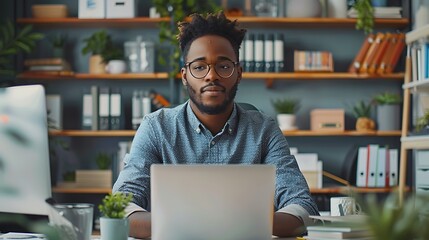 A customer service representative, typing an email response to a customer query, seated at a desk in a modern office. The background includes shelves with books and office supplies,