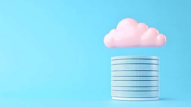 Conceptual image of cloud computing and data storage. Pink cloud hovering above a stack of disks on a blue background.