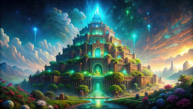 Ethereal Persian ziggurat with holographic deities and bioluminescent flora, Persian, ziggurat, holographic