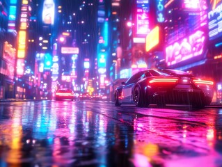 Obraz premium Neon lights illuminate a rainy city street at night, reflecting on the wet asphalt.