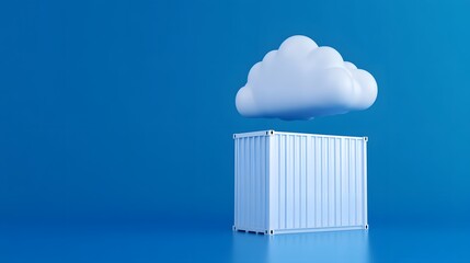 Conceptual image of cloud storage and data container against a blue background, symbolizing cloud computing and data management.