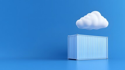 Container and cloud on blue background symbolizing cloud computing, data storage, and virtual server technology. 3D rendering.