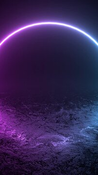 Half sunken abstract neon ring above water or wet floor, fantasy background. Circular portal of ultraviolet led light, rotating view. Vertical, phone wallpaper	
