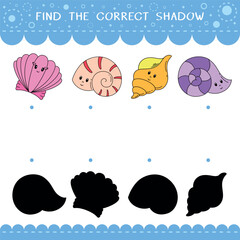 Find the correct shadow for seashells. Vector worksheet of simple educational game for kids