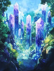 Fantasy landscape with tall, glowing crystal towers in a forest setting.