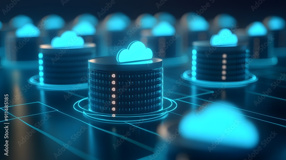 Poster data servers with cloud storage icons representing cloud computing technology and data management in