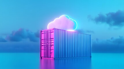 Digital art of a glowing neon cloud over a shipping container, set against a serene, cloudy sky backdrop. Symbolic of technology and storage.