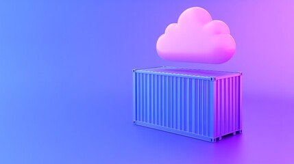 Digital art of a shipping container and a cloud in a neon blue and purple gradient background, symbolizing cloud storage and transportation.