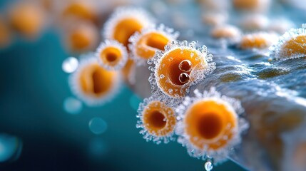 Close-up image of vibrant coral polyps underwater, showcasing their intricate structure and vivid colors in a marine environment.