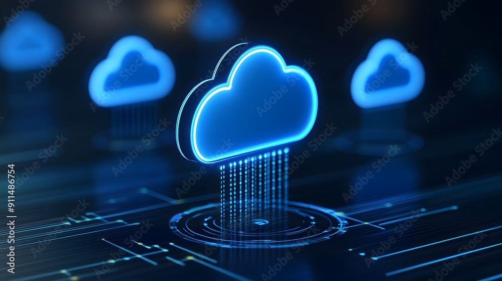 Poster digital cloud computing concept with glowing blue clouds and circuit board background, representing 
