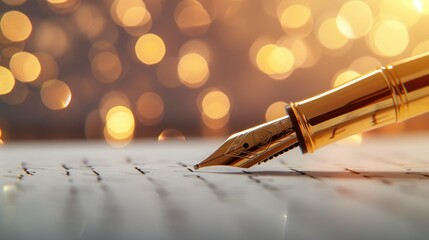 Gilded Pen in Action on White Paper with Soft Bokeh