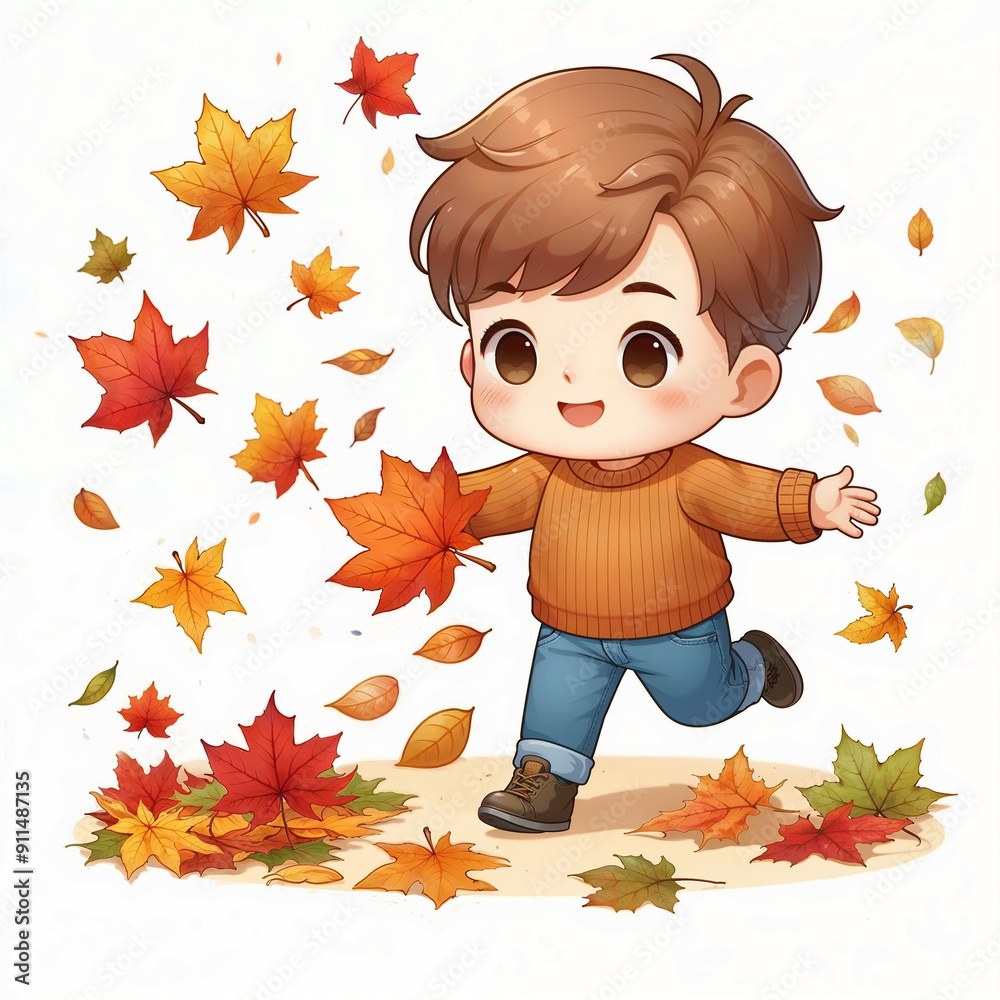 Canvas Prints Cute cartoon child with autumn leaves on white background. AI