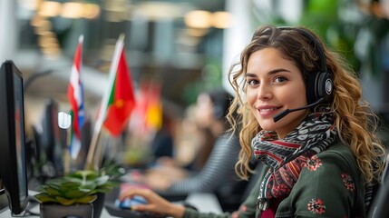 Obraz premium A dedicated customer service agent, engaged in a call, with flags representing different languages on their desk, in a brightly lit office. The background shows colleagues working at desks,
