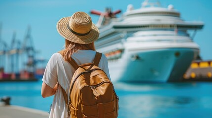 Obraz premium Young Tourist with Backpack Watching Cruise Ship
