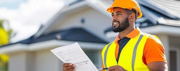 Property inspector examining roof damage, detailed report in hand, property insurance, damage assessment