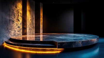 Fototapeta premium Modern, illuminated, empty stage with dark walls and a stylish marble floor, perfect for events, performances, or presentations.