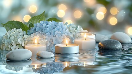 Tranquil scene featuring floating candles, smooth stones, and delicate flowers, perfect for relaxation and ambiance.