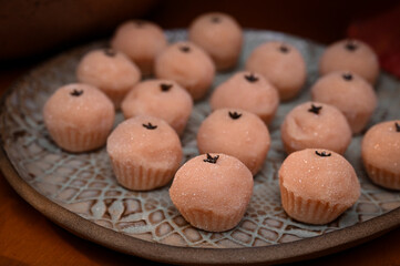 white candies, close up of chocolate candies, sweets background, assorted sweets, sweets table,...