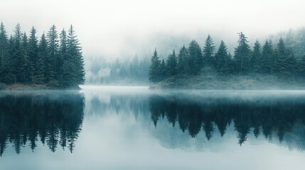 Serene lake surrounded by misty trees, reflecting the peaceful atmosphere of nature in a tranquil setting.