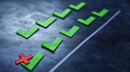 Industrial , Manufacturing Quality Control A quality checklist with green checkmarks and red crosses on a sleek background, symbolizing attention to detail