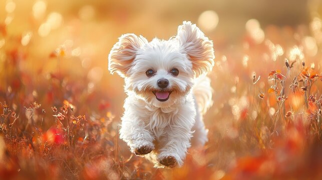 Happy Maltese dog with fluffy fur, dashing through a sunlit meadow with vibrant autumn colors