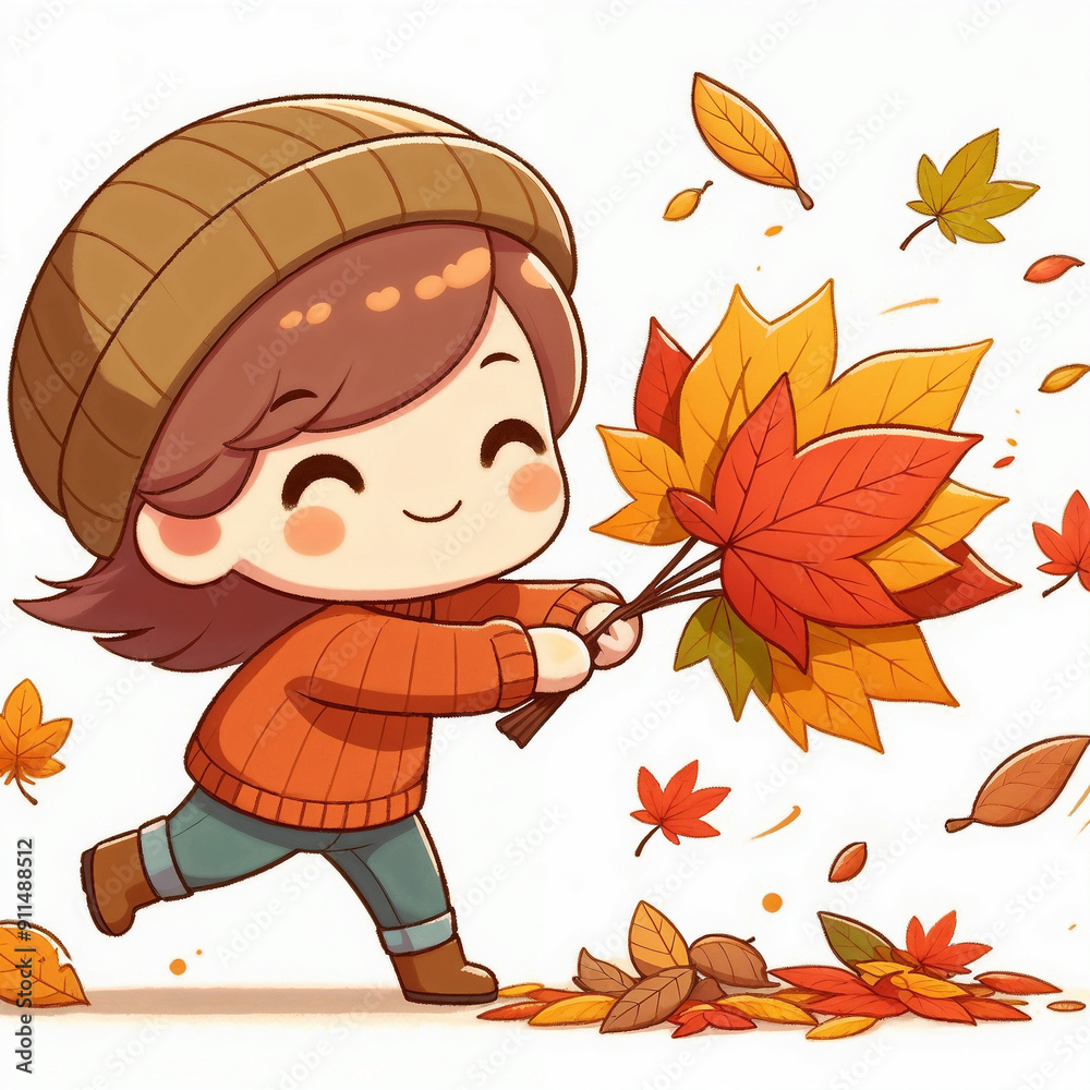 Wall mural Cute cartoon child with autumn leaves on white background. AI