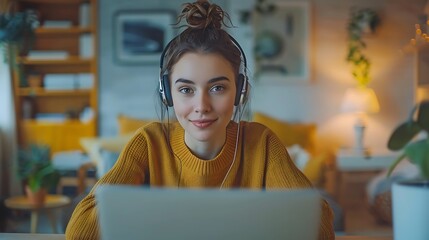 A dedicated customer service representative working from home, using a laptop and wearing a headset, in a minimalist home office. The background features a tidy desk and a serene environment,