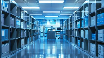 Office environment with multiple layers of secure healthcare document storage, featuring digital and physical security measures