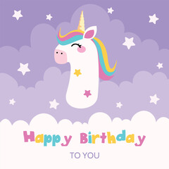 children’s birthday greeting card with cute unicorn number With clouds and stars