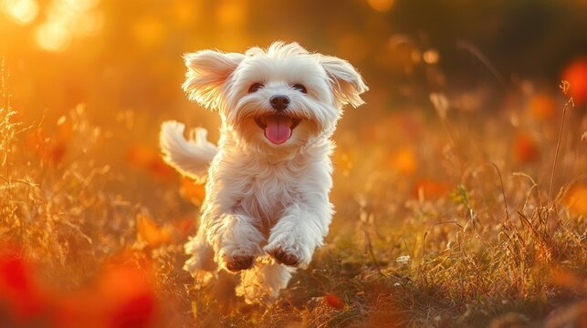 Happy Maltese dog with fluffy fur, dashing through a sunlit meadow with vibrant autumn colors
