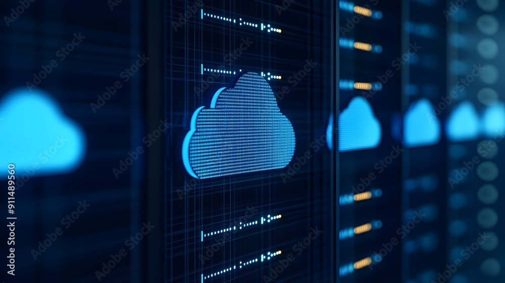 Poster digital cloud computing concept with server racks, blue clouds, and data storage, symbolizing digita
