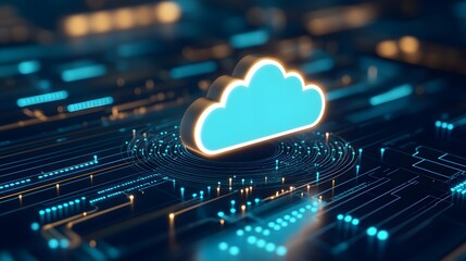 Fototapeta premium Digital cloud computing concept with illuminated blue cloud on a futuristic circuit board background representing modern data technology.