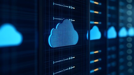 Digital cloud computing concept with server racks, blue clouds, and data storage, symbolizing digital technology and modern data solutions.