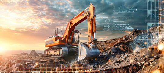 An excavator works in a quarry at sunset, surrounded by digital data visualizations, showcasing a futuristic approach to construction and heavy machinery operations
