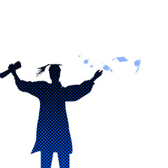 Graduate silhouette in halftone dots. Celebrating graduation with hats flying