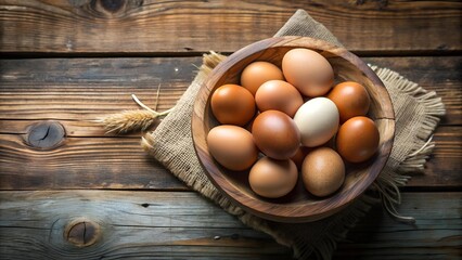 A Close-Up View of Farm-Fresh Chicken Eggs in a Rustic Wooden Bowl  AI Generated