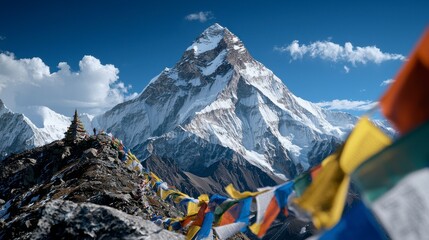 A majestic snow-capped mountain peak rises above colorful prayer flags in the foreground.