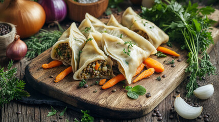 Frozen homemade dumplings stuffed with vegan lentil "meat", carrots, onions, and herbs, on a wooden board. A vegan version of traditional Purim food.