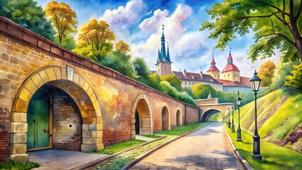 The Path to Gorica Hall: A Watercolor Journey Through Vysehrad's Casemates  Generative AI