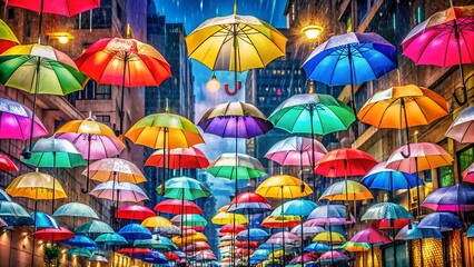 Naklejka premium Urban Symphony of Umbrellas: A Rainy Day Tapestry AI Generated