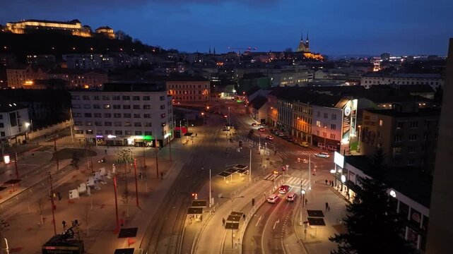 Night aerial view of the city of Brno in the Czech Republic