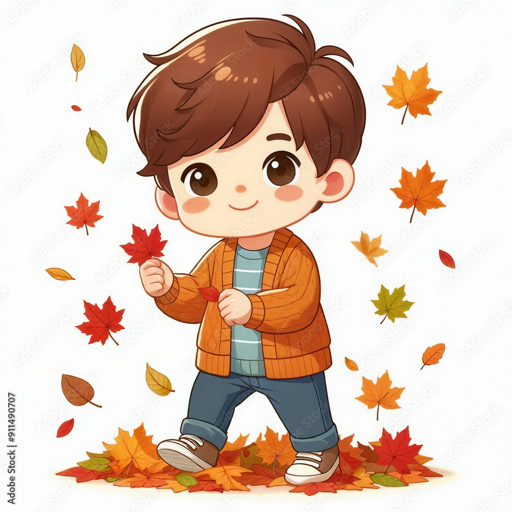 Poster Cute cartoon child with autumn leaves on white background. AI