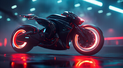 Sleek black futuristic motorcycle with glowing red neon wheels in a vibrant sci-fi environment