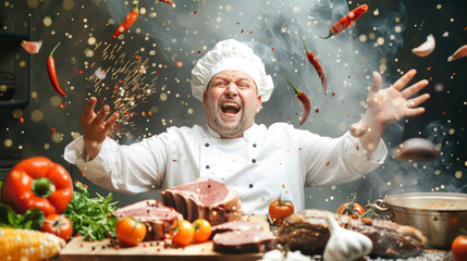 A jovial chef exclaims joyfully as he tosses meat and vegetables, creating a lively atmosphere filled with flying food in a dynamic kitchen
