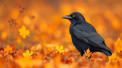 Obraz premium Black crow standing amidst vibrant autumn leaves. Generative AI 